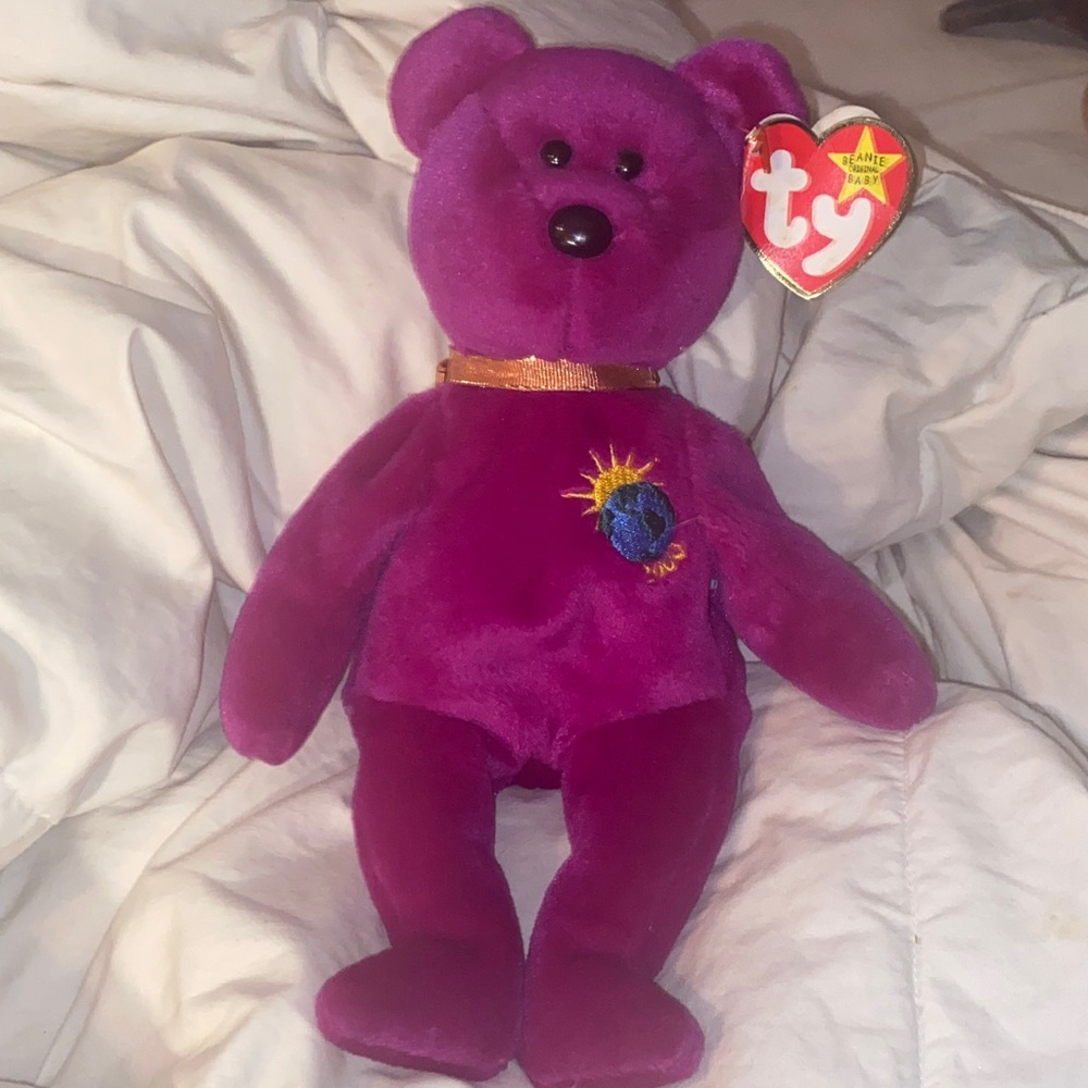 Ty Plush Bear in Vibrant Purple with Golden Collar